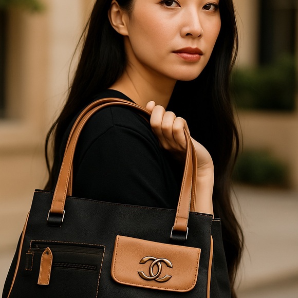 NWT Blue Jean G shoulder bag Chic Black and Tan Designer Handbag - Picture 3 of 9